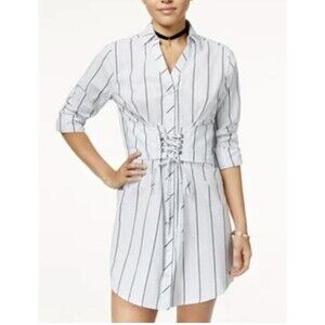 ​No Comment Blue & White Striped Lace-up Waist Shirt Dress - Large